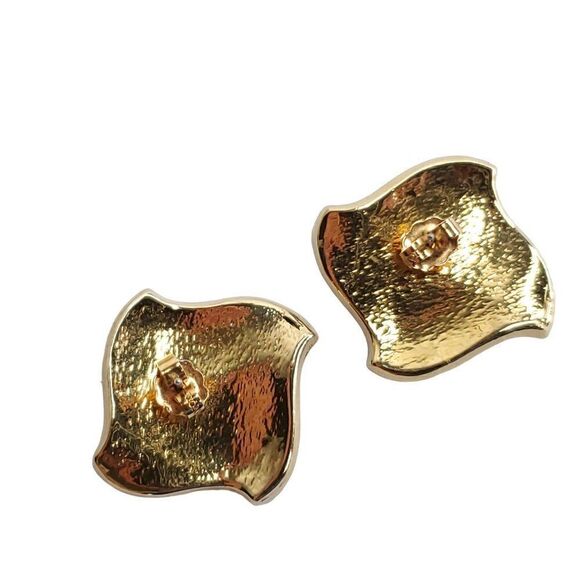 Vintage Retro 80s Check Checker Board Flag Enamel Earrings Goldtone Black - Picture 3 of 3